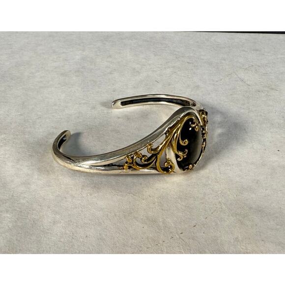 Carolyn Pollack Sterling Silver & Brass Gold Sheen Obsidian Cuff Bracelet - Picture 2 of 6